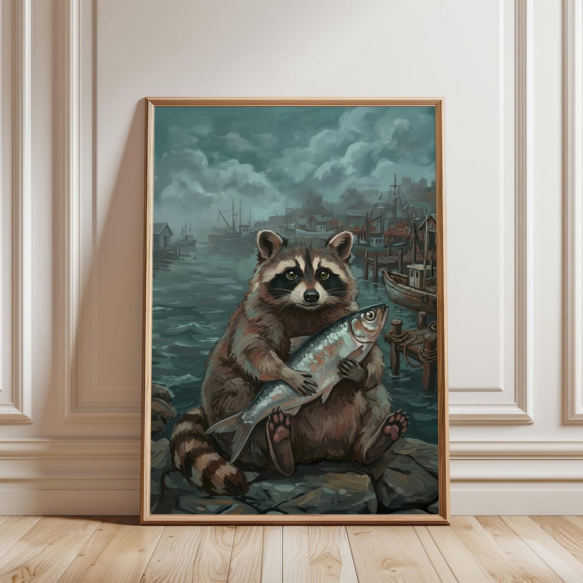 Funny Raccoon Fishing Sardin Print Whimsical Animal Wall Art Moody Coastal Cottage Decor Vintage Nautical Cabin Poster Digital Download