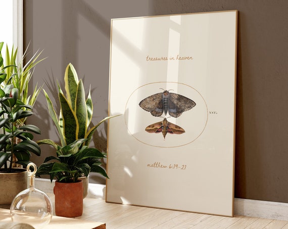 Treasures In Heaven Vintage Moth Print Christian Wall Art Wall Art Bible Verse Wall Art Scripture Decor Pastor Appreciation Gift
