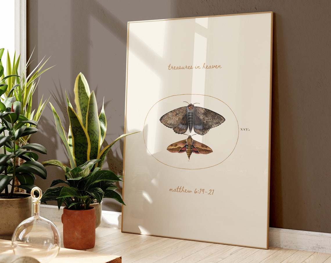 Treasures In Heaven Vintage Moth Print Christian Wall Art Wall Art Bible Verse Wall Art Scripture Decor Pastor Appreciation Gift