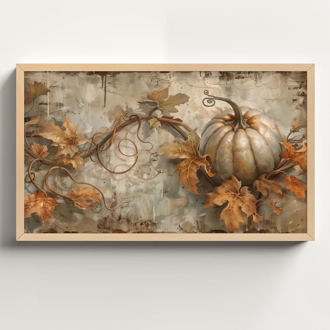 White Pumpkin With Gilded Vines on Textured Gray Plaster Fall Poster