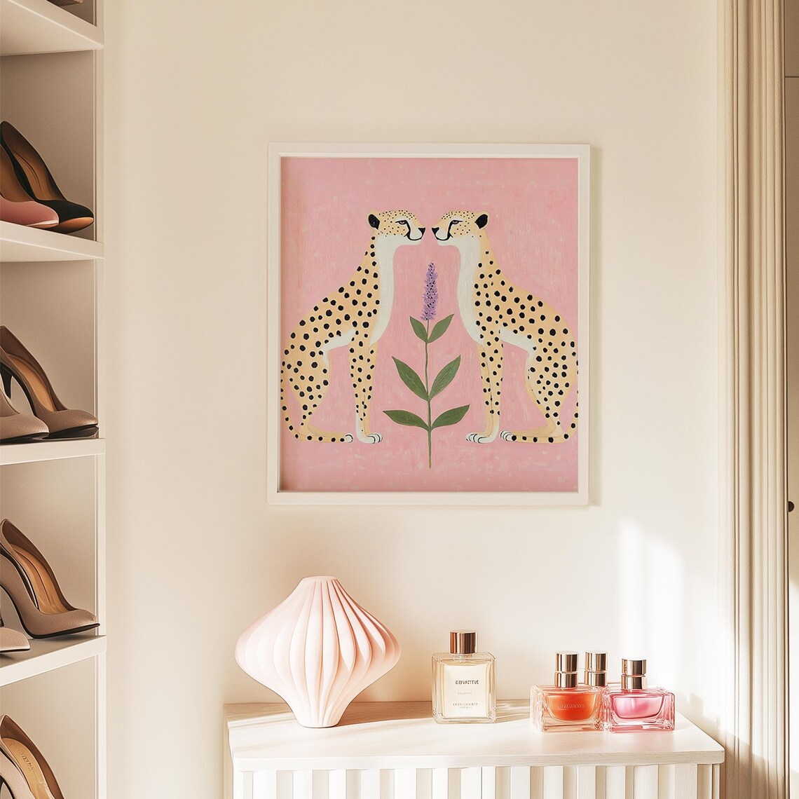 Pink Cheetah Couple Nose to Nose With Lavender on Blush Backdrop Poster - Image 3