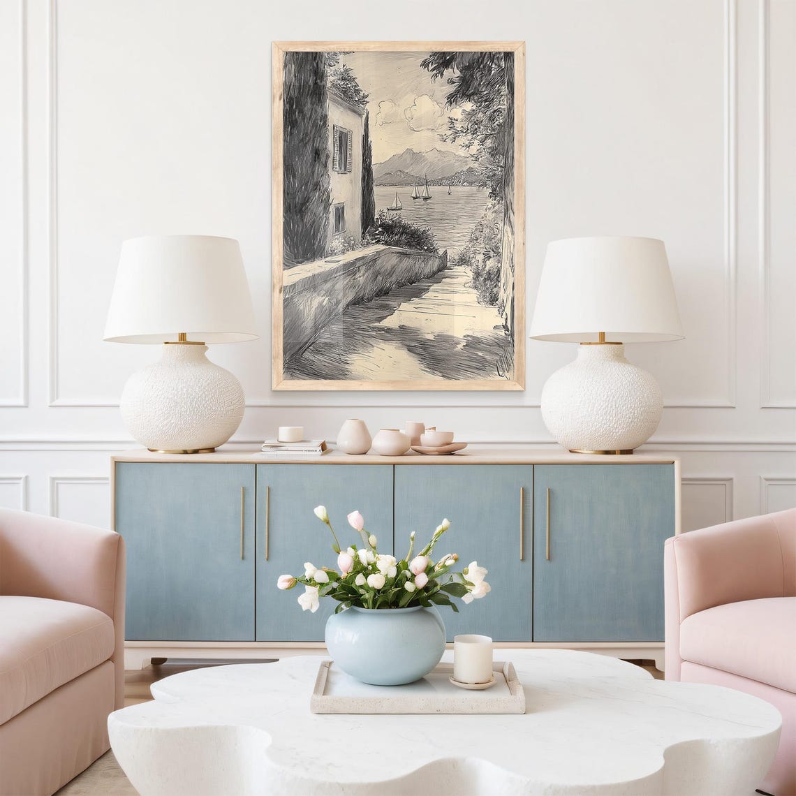 French Coastal Villa Path Sailboats Black White Seascape Sketch Poster
