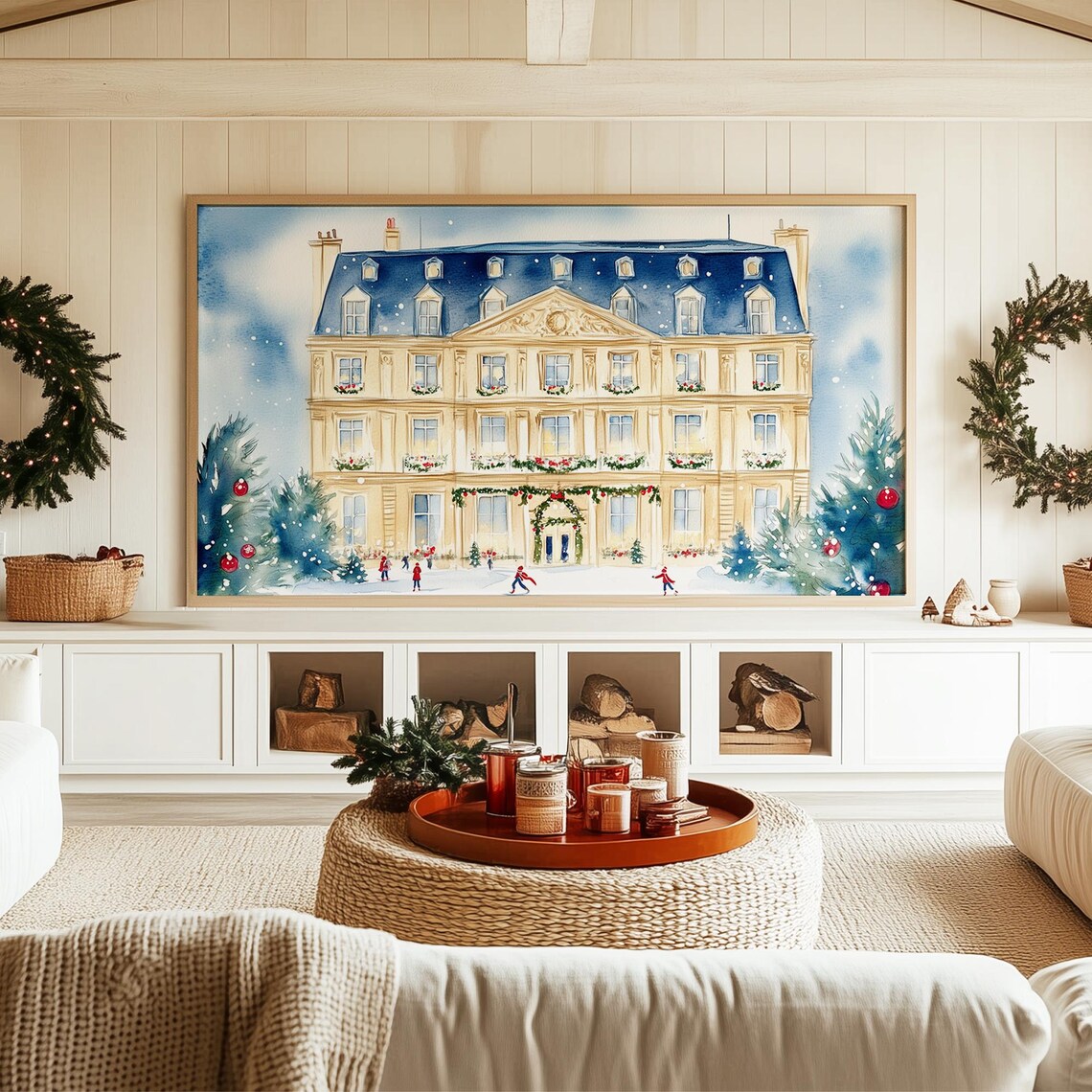 Grand French Chateau in Snow with Ice Skaters Watercolor Poster - Image 3