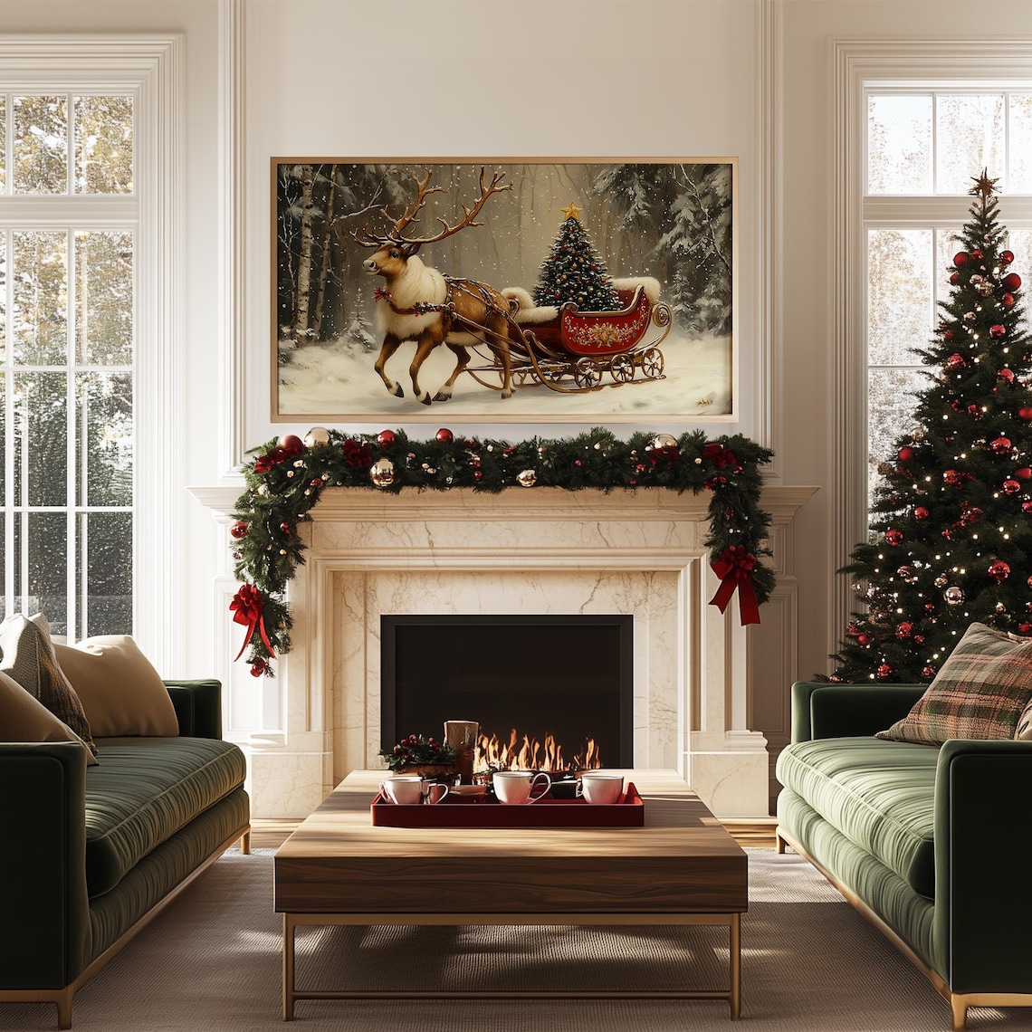 Reindeer Sleigh Christmas Tree Ornaments, Vintage Art Print - Image 5