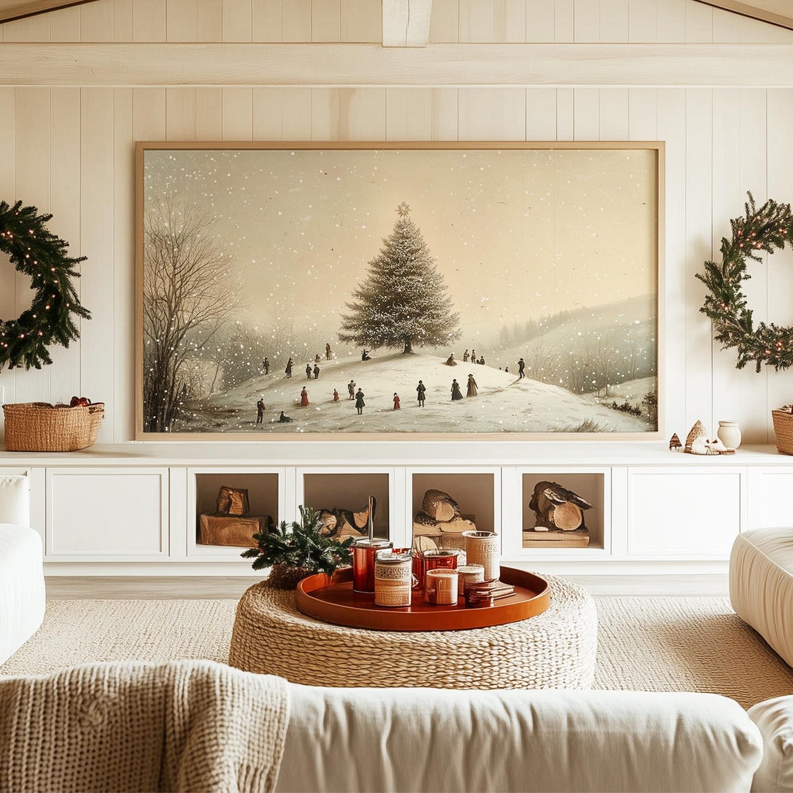 Snowy Hill Christmas Tree Vintage Winter Gathering Scene Poster - Image 3