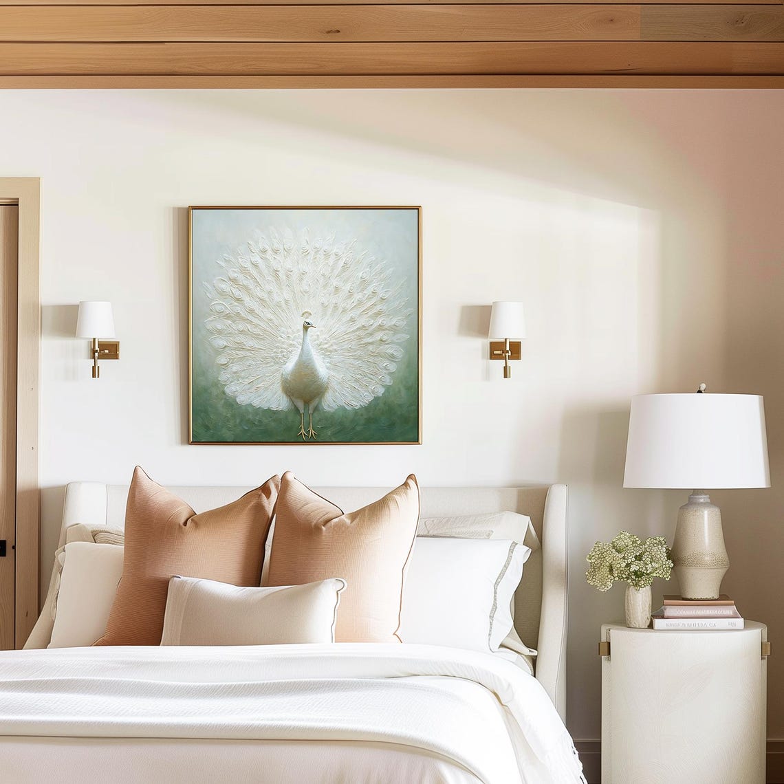 White Peacock With Fanned Tail 3D Textured Oil Painting Style Poster - Image 4