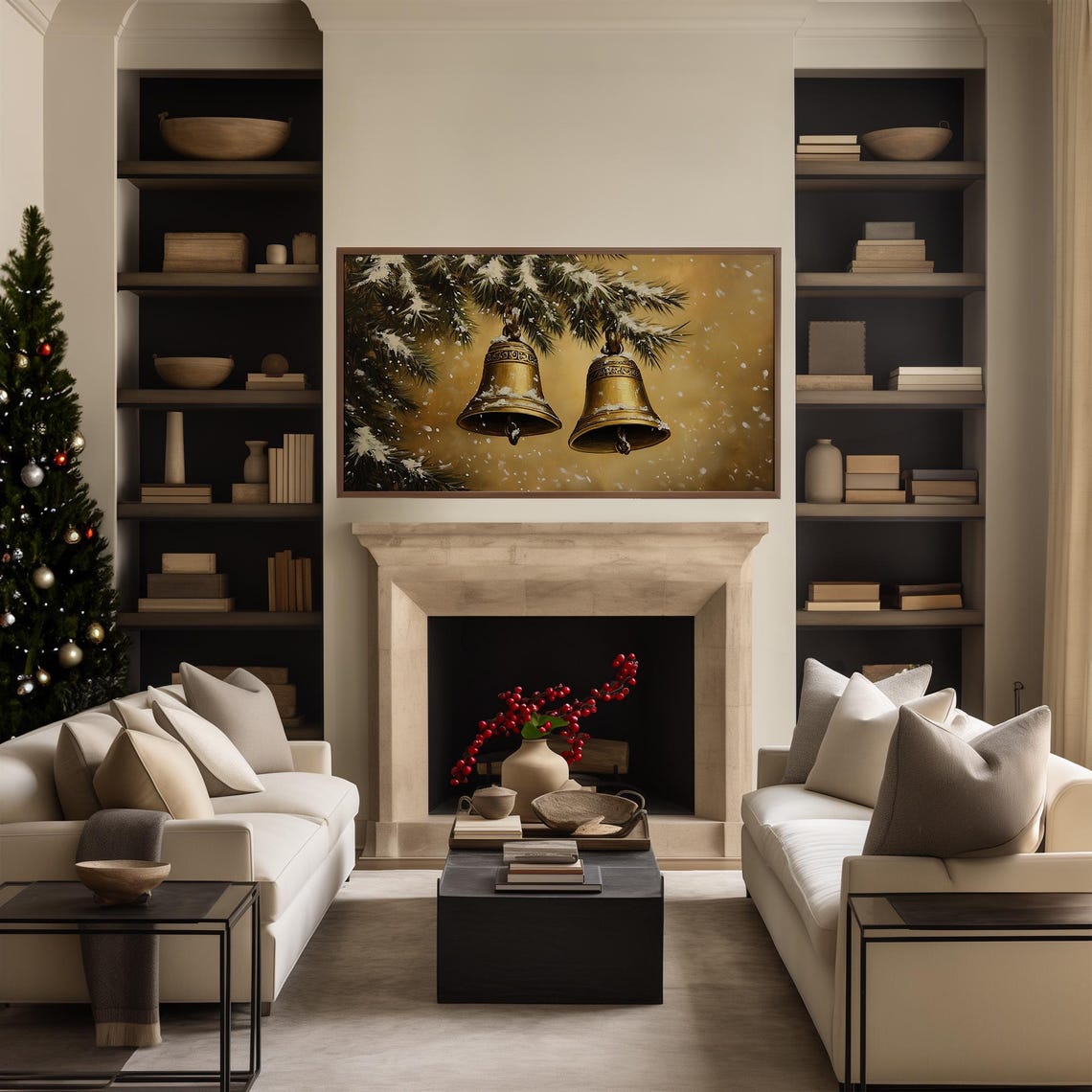Two Gold Christmas Bells Hanging from a Snowy Pine Branch Poster - Image 2