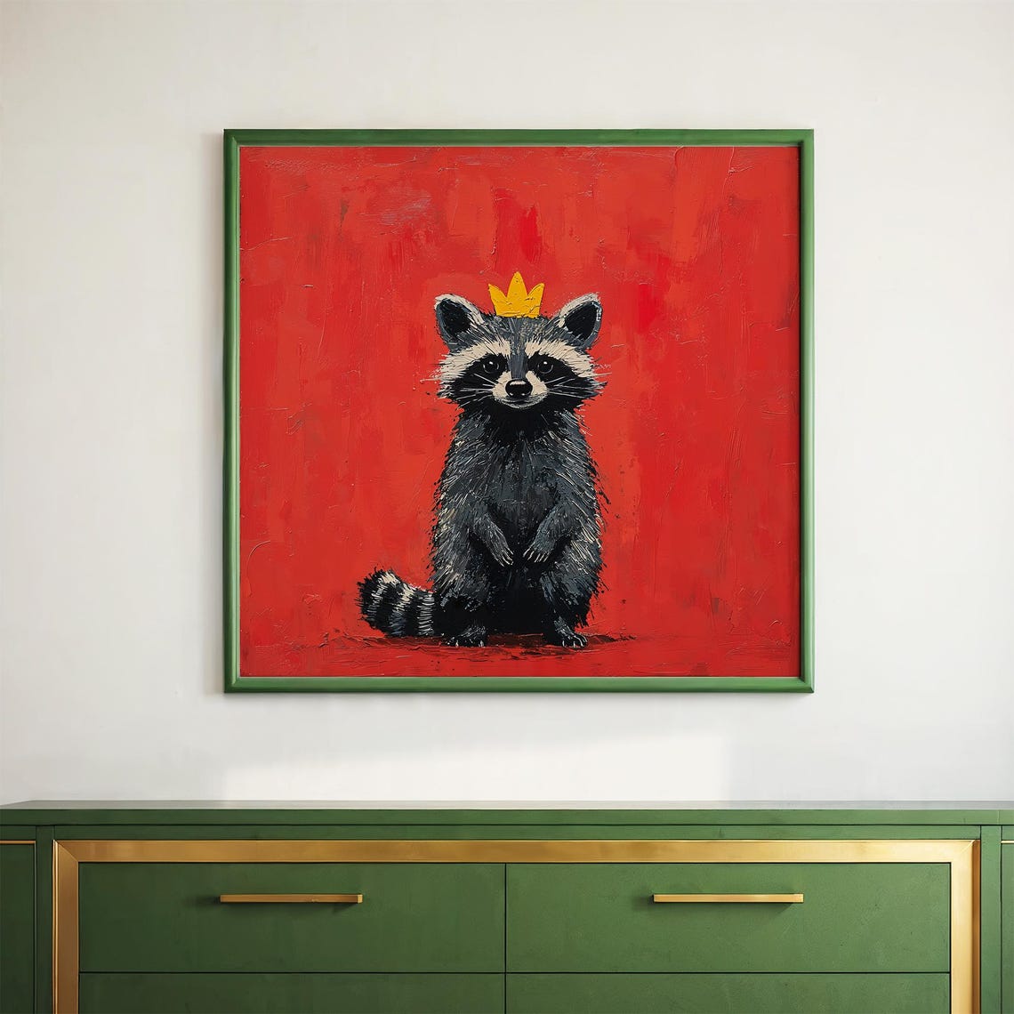 Raccoon Wearing Tiny Gold Crown on Bold Red Pop Art Background Poster - Image 2