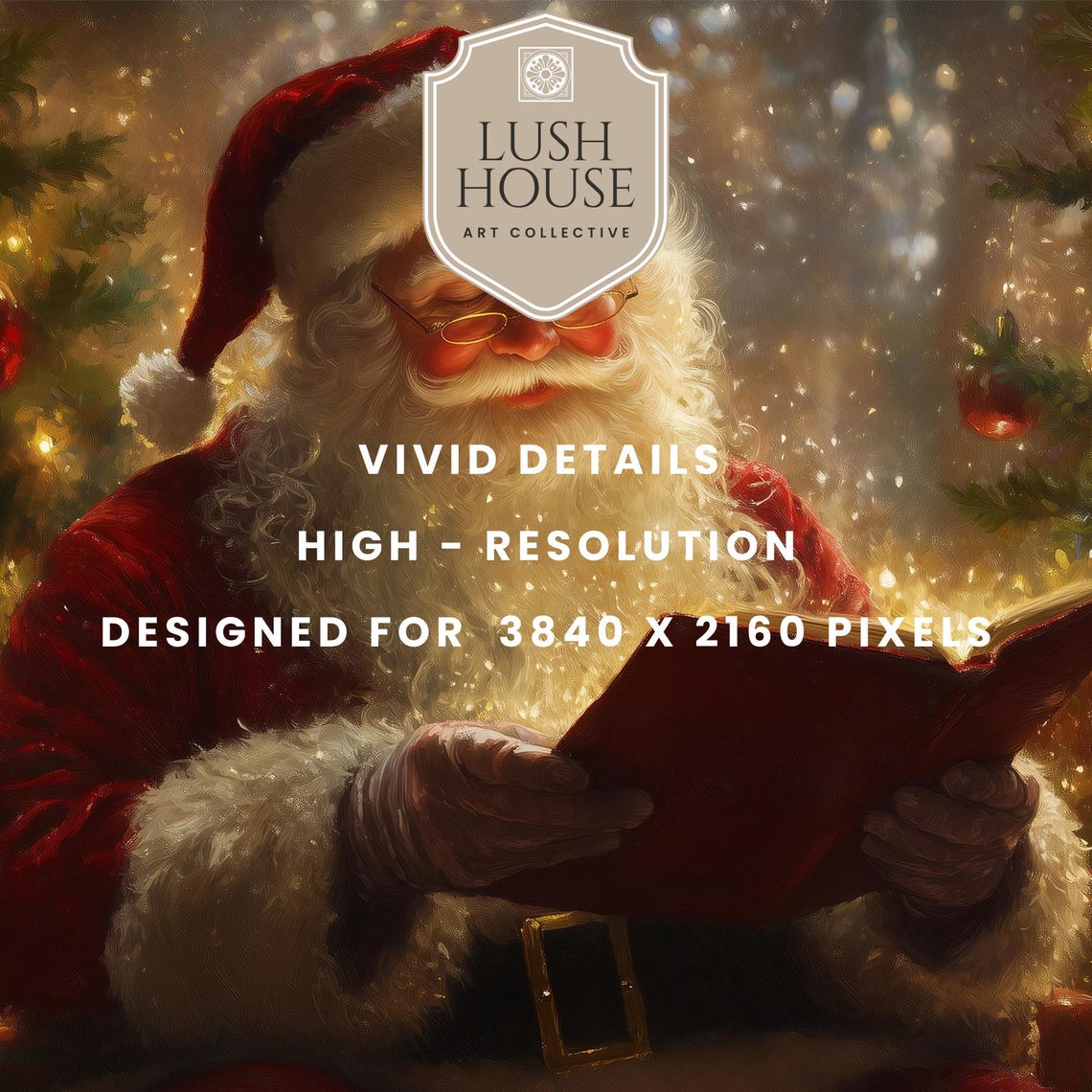 Jolly Santa Reading a Book Before a Red and Gold Christmas Tree Poster - Image 2
