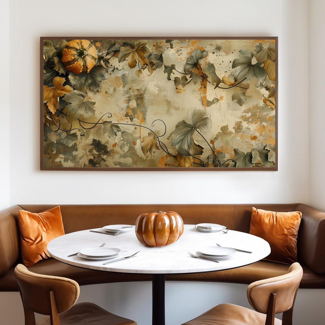 Muted Botanical Vines with Lone Pumpkin Neutral Grunge Wall Poster - Image 4