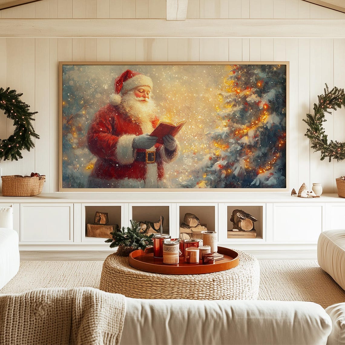Santa Reading a Glowing Book Beside a Snowy Lit Christmas Tree Poster - Image 3