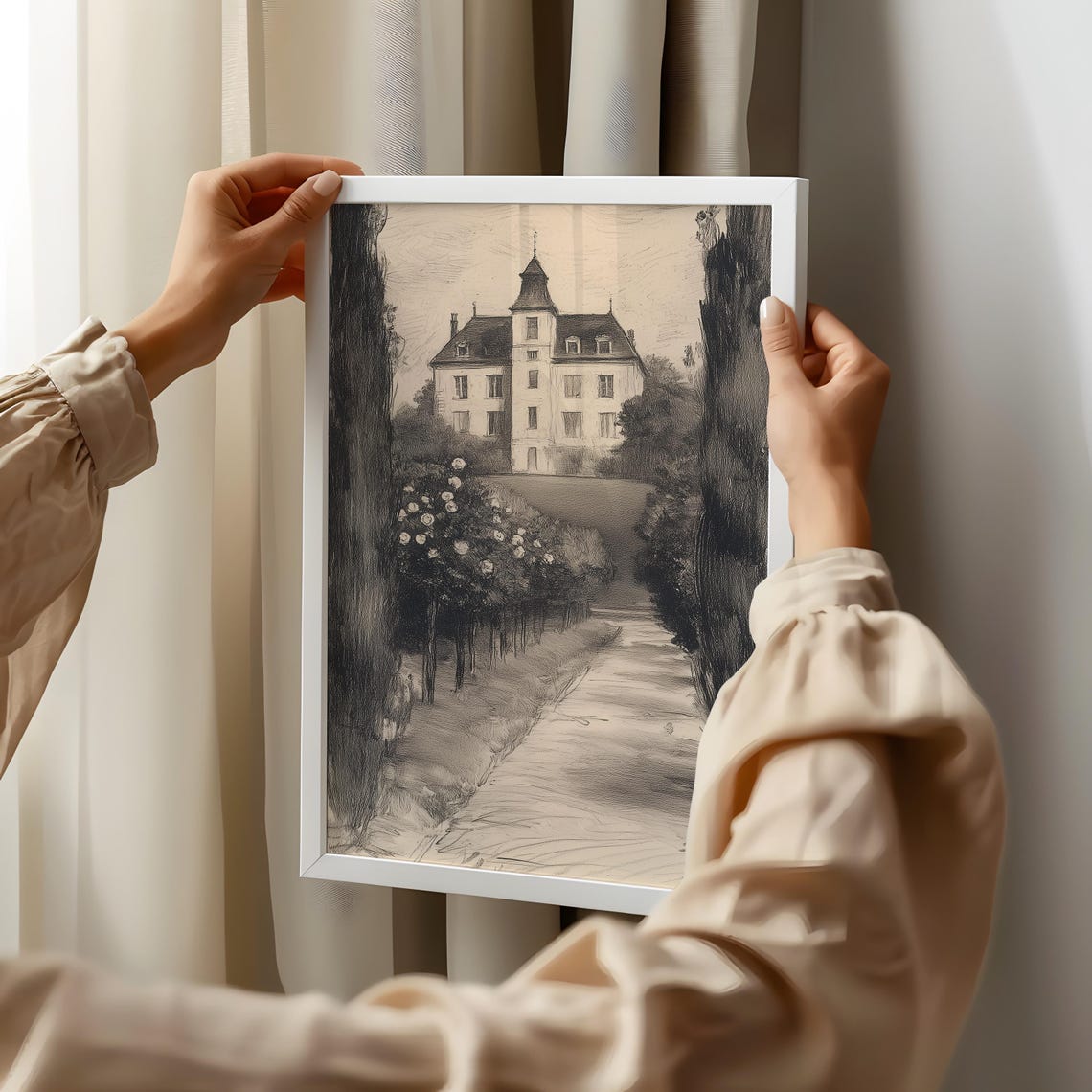 French Chateau Garden Path Charcoal Sketch Vintage Landscape Poster - Image 3