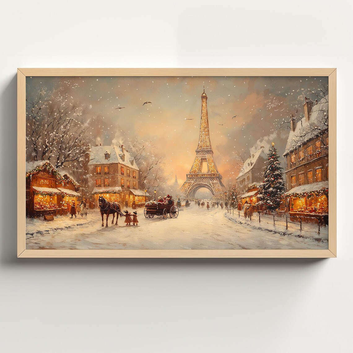 Paris Christmas Market, Festive Snowy Winter Travel Poster