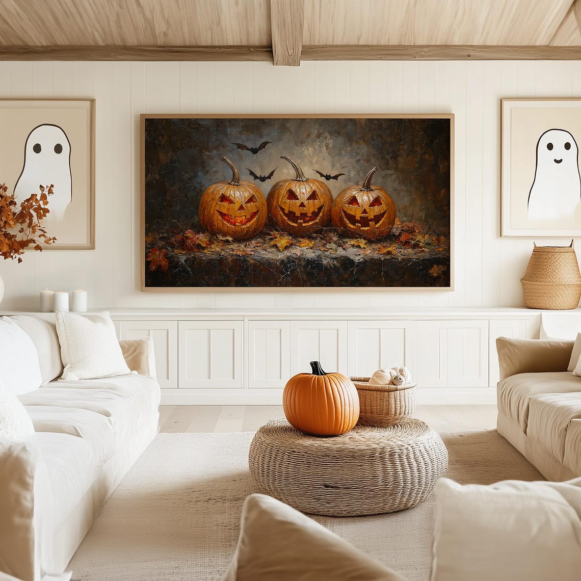 Three Grinning Jack O Lanterns With Bats Vintage Style Oil Poster - Image 5