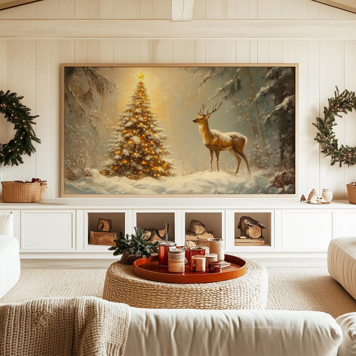 Golden Stag Beside Glowing Christmas Tree In Snowy Forest Poster - Image 3