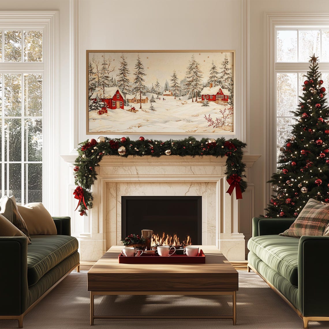 Red Barns in a Snowy Pine Forest Winter Village Christmas Poster - Image 5