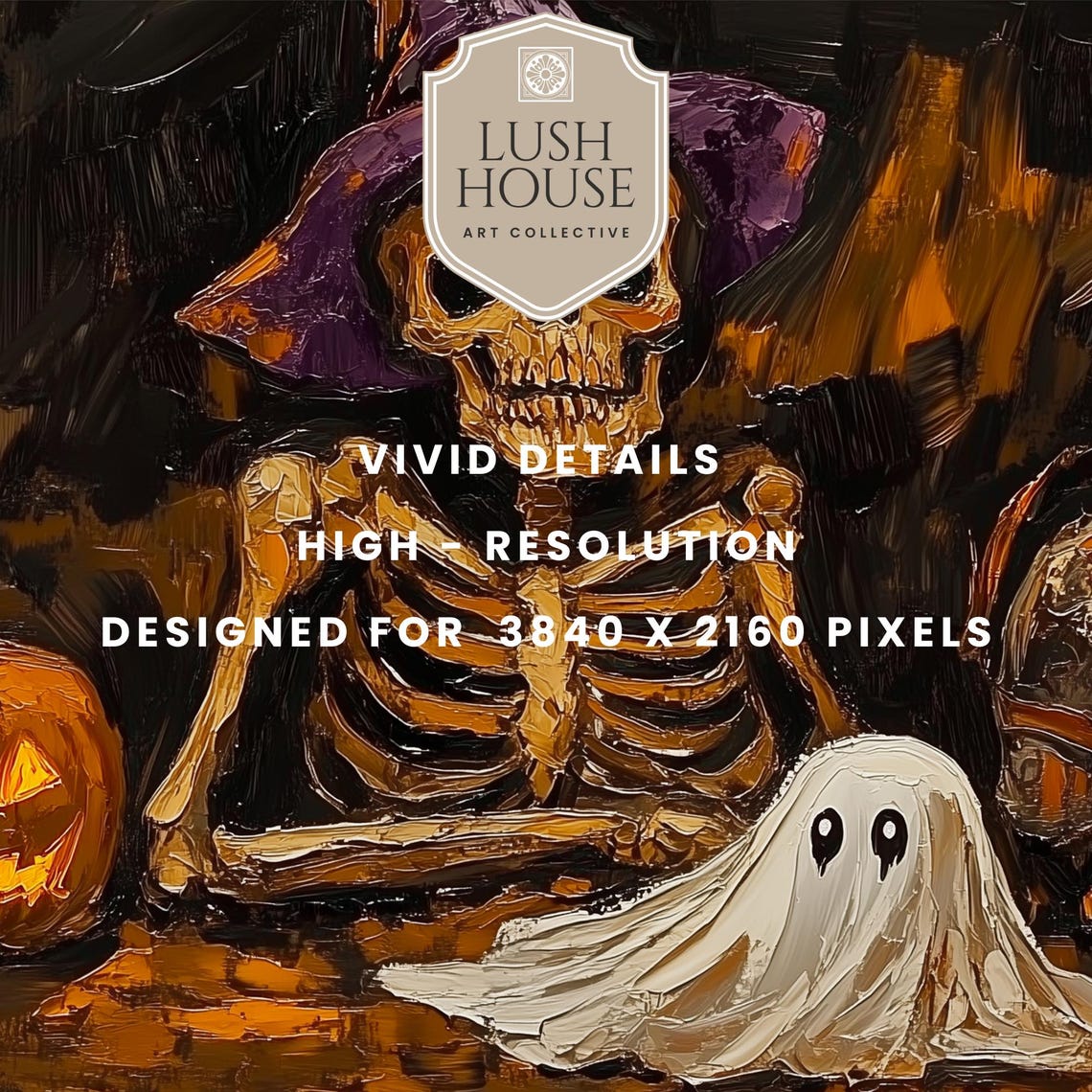 Skeleton in a Purple Witch Hat with Ghost and Pumpkin Halloween Poster - Image 3