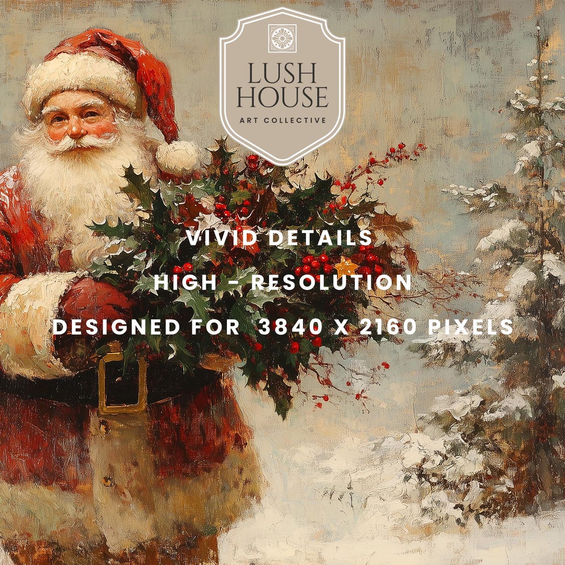 Vintage Santa Claus Carrying Holly Bouquet Snowy Landscape Art Poster - Image 2