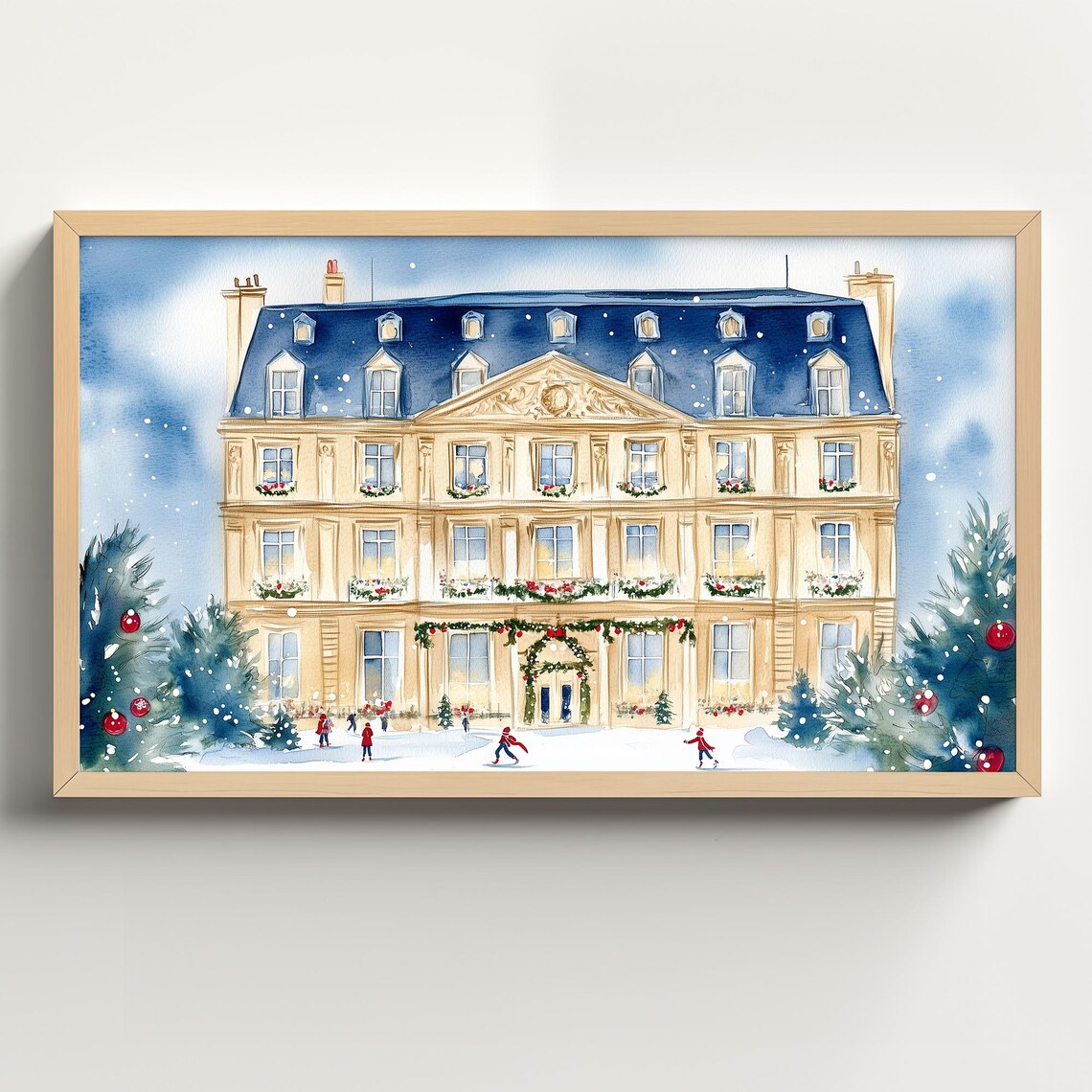 Grand French Chateau in Snow with Ice Skaters Watercolor Poster