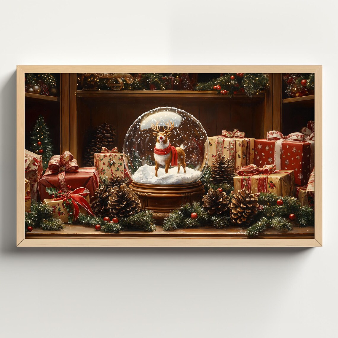Vintage Christmas Reindeer Snow Globe Art Print