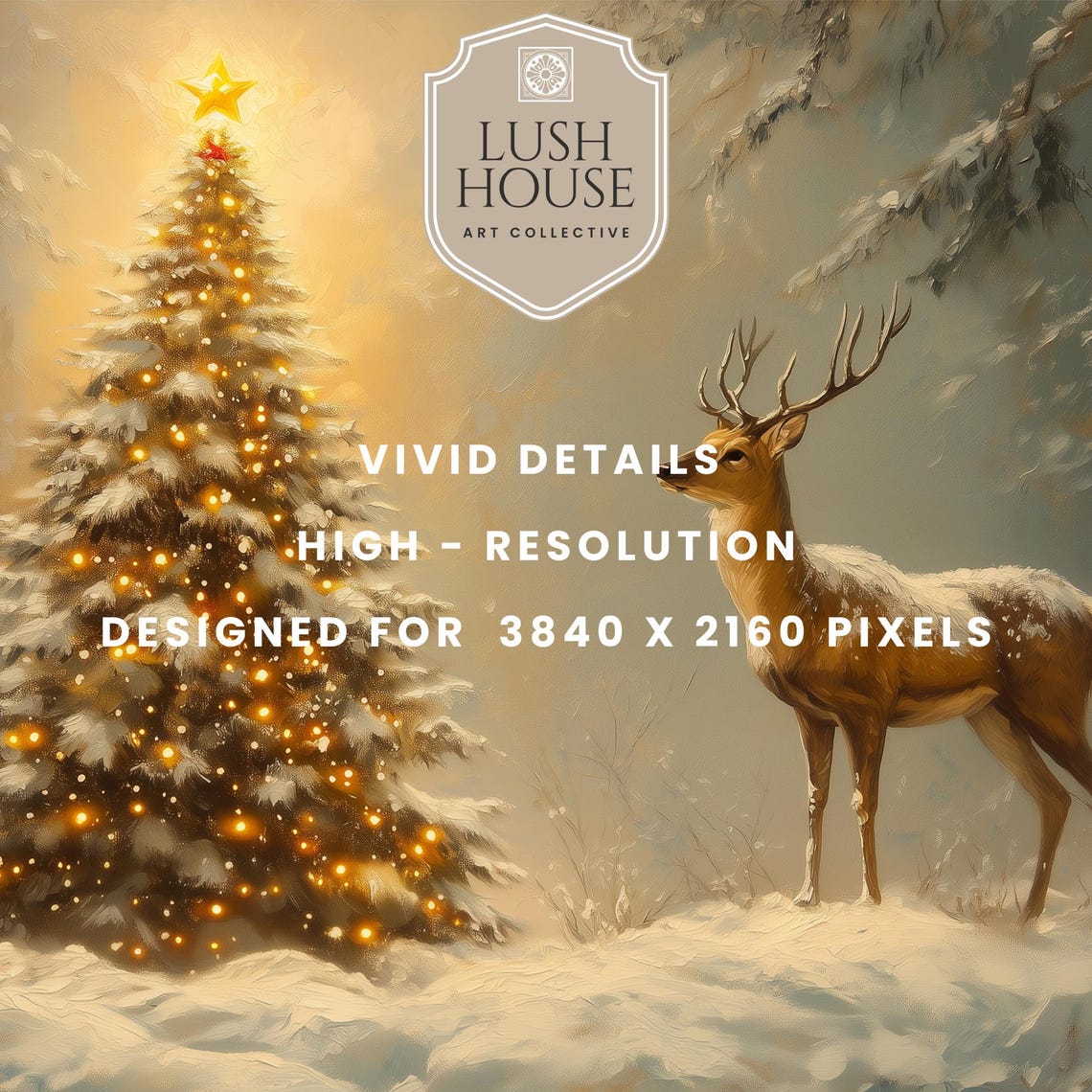 Golden Stag Beside Glowing Christmas Tree In Snowy Forest Poster - Image 2