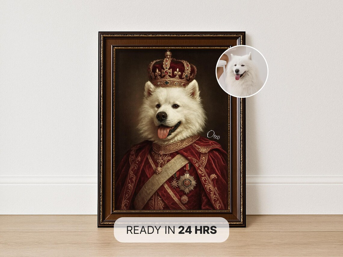 Custom Royal King Pet Portrait Crowned Dog Regal Painting Poster
