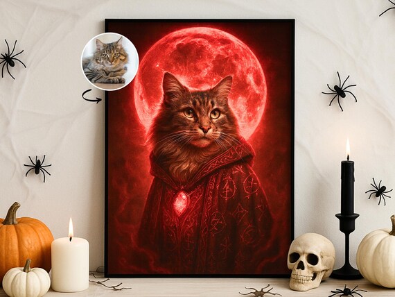 Halloween Custom Pet Portrait Blood Moon Wall Art Red Gothic Dog Cat Poster