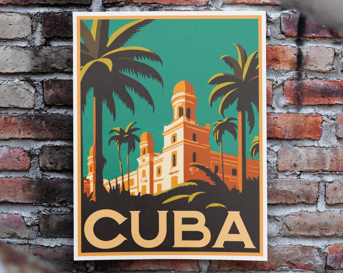 Cuba Vintage Retro Colonial Church Palm Trees Caribbean Travel Poster