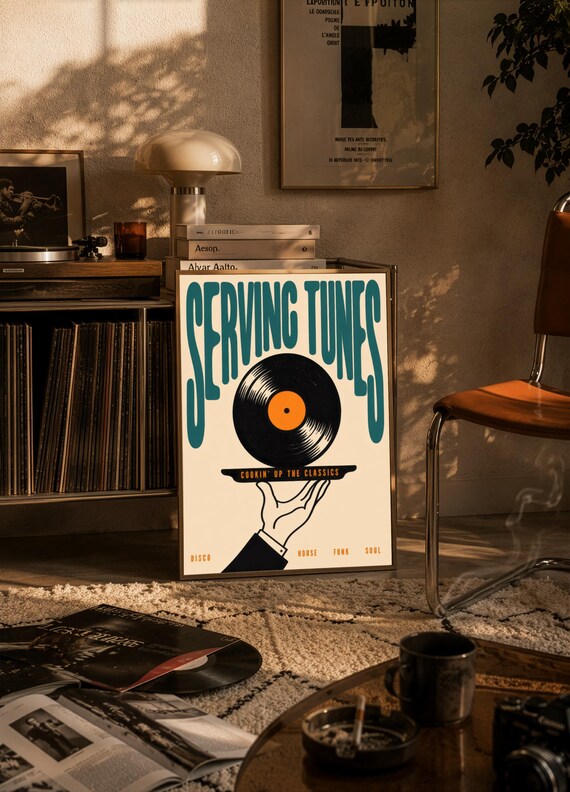Serving Tunes Teal Retro Vinyl Record Disco Funk Soul Poster
