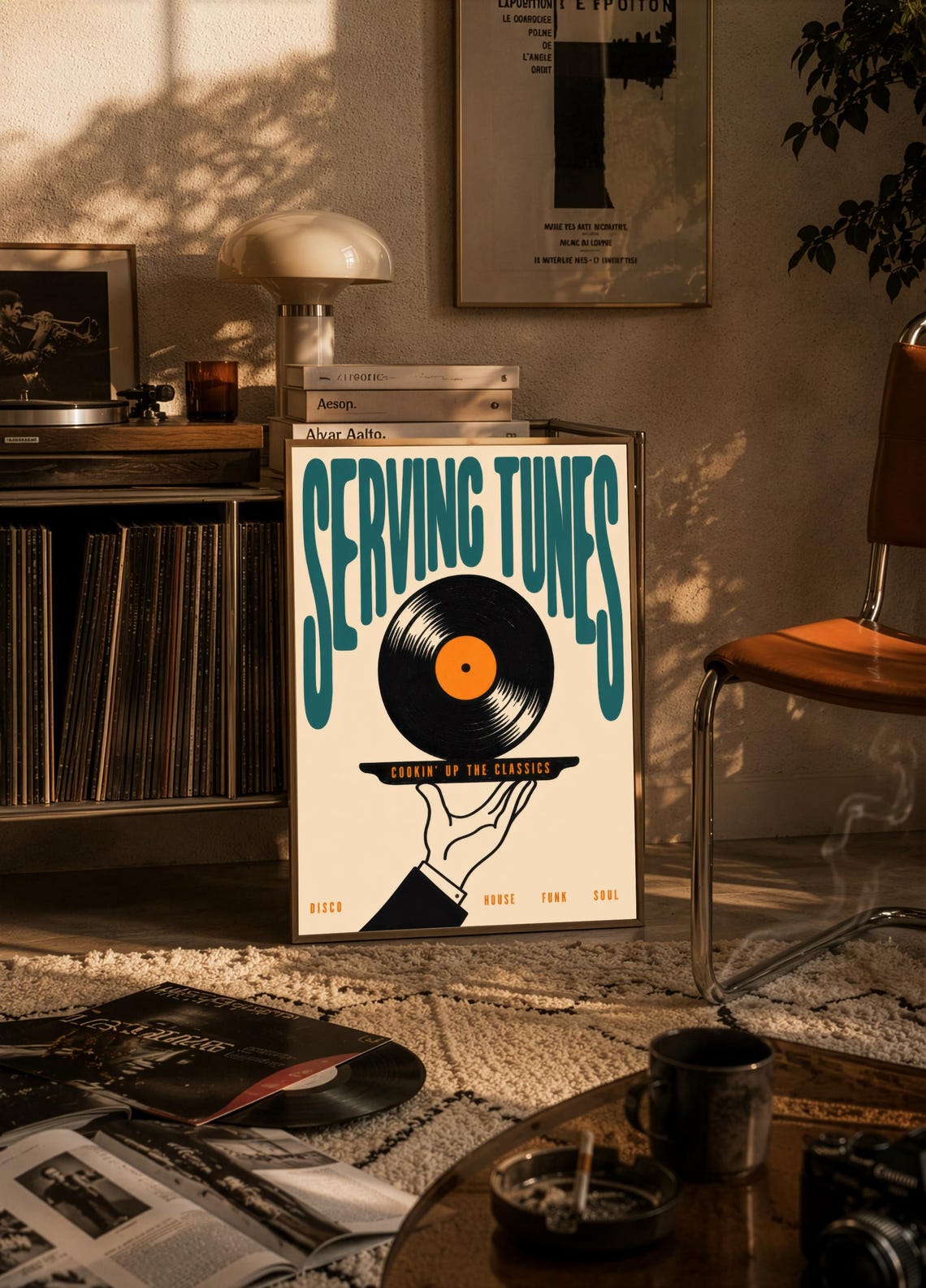 Serving Tunes Teal Retro Vinyl Record Disco Funk Soul Poster