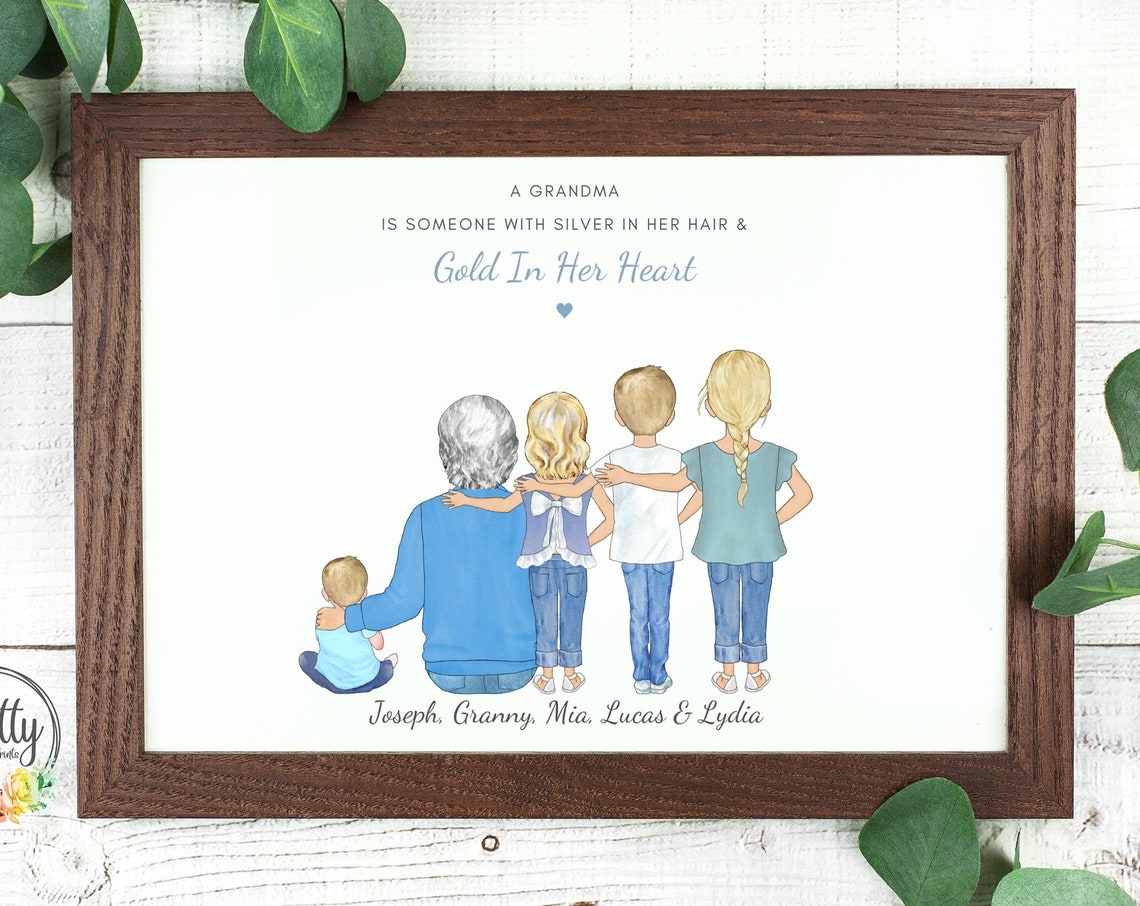 Grandma And Grandkids Print Grandparent Gift Family Portrait Grandchildren Wall Art Gift For Grandma