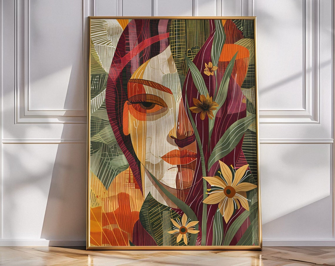 Woman Face in Autumn Leaves Botanical Stained Glass Style Art Poster