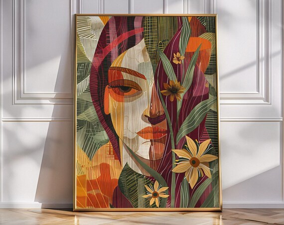Abstract Girl Painting Woman In Green Plants Print Face Canvas Modern Home Decor