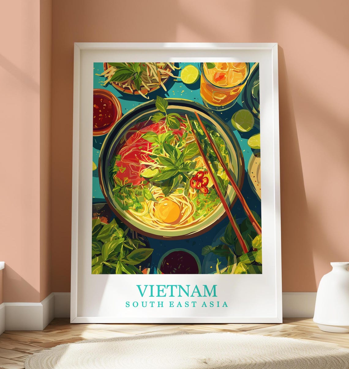 Vietnam Pho Noodle Soup Bowl Overhead Cuisine Illustrated Poster