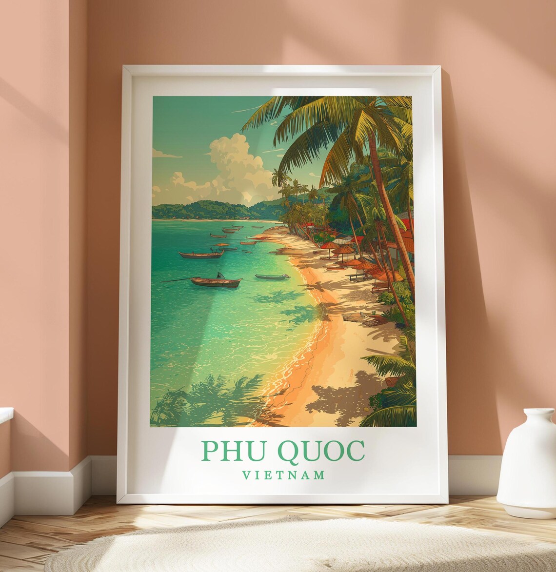 Phu Quoc Vietnam Palm Beach Fishing Boats Tropical Travel Poster