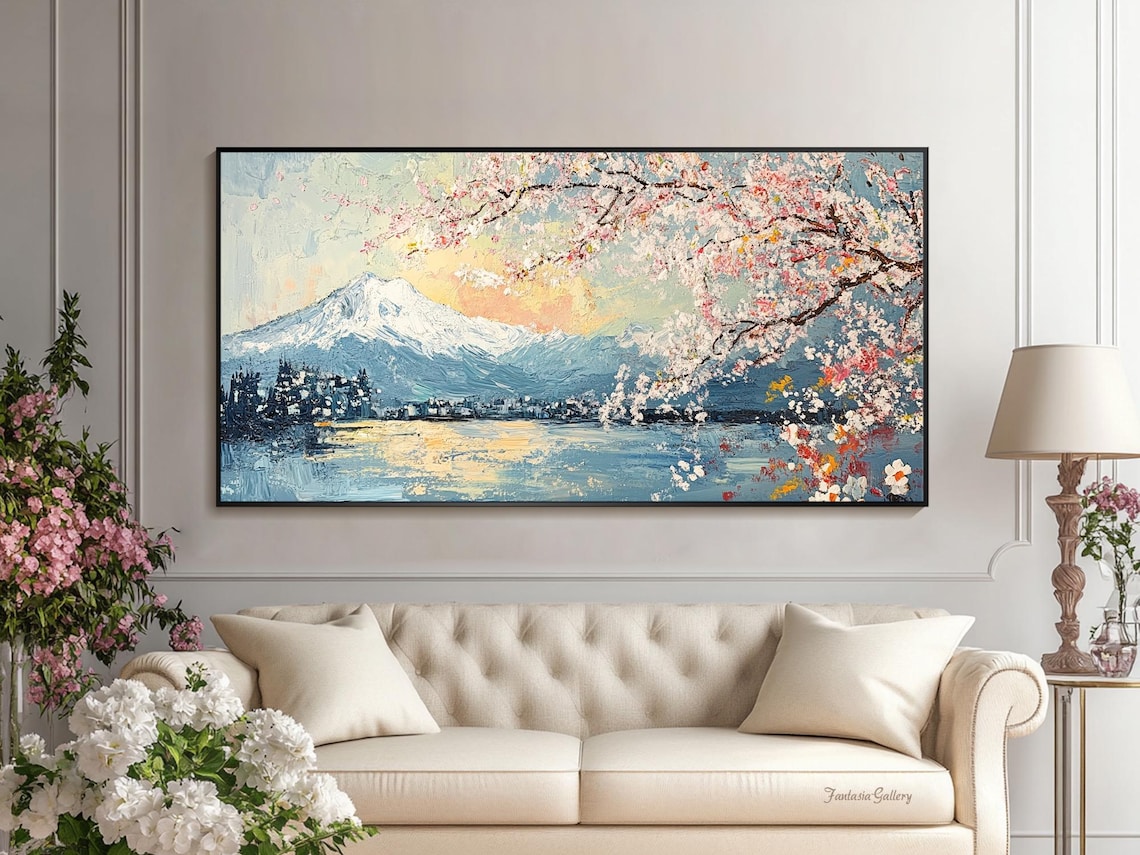 Pink Cherry Blossom Mountain Oil Painting Art Print - Image 4