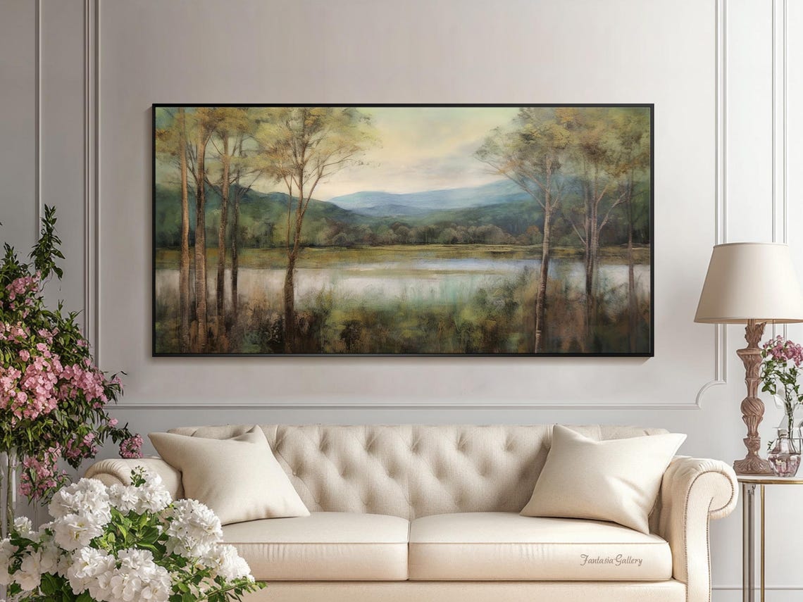 Serene Spring Lake With Trees And Misty Mountains Landscape Print - Image 2