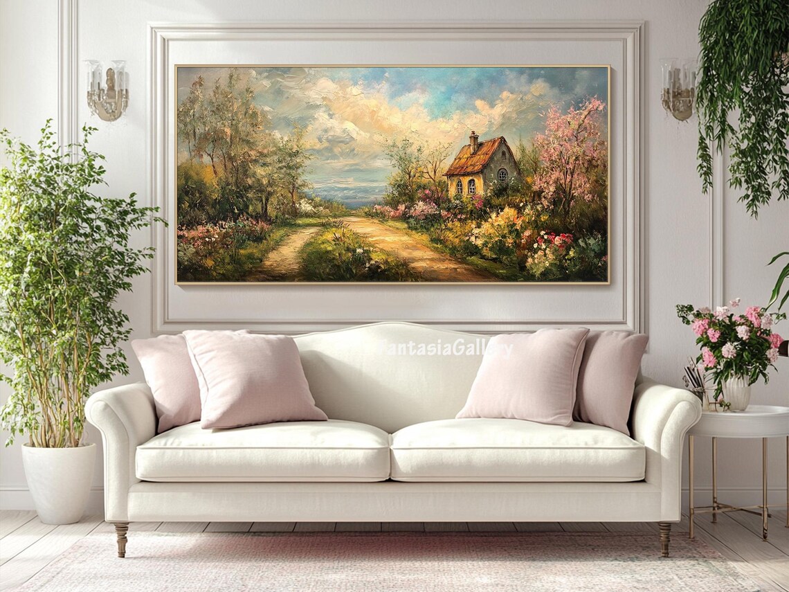 Country Cottage Garden Path Blooming Flowers Oil Painting Landscape - Image 2
