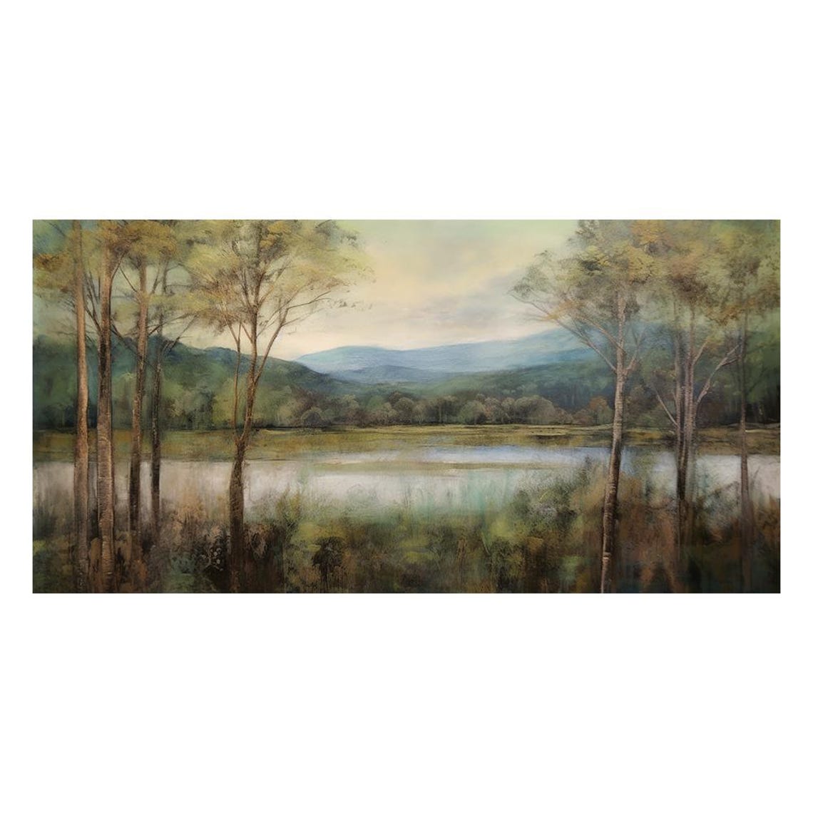 Serene Spring Lake With Trees And Misty Mountains Landscape Print - Image 4