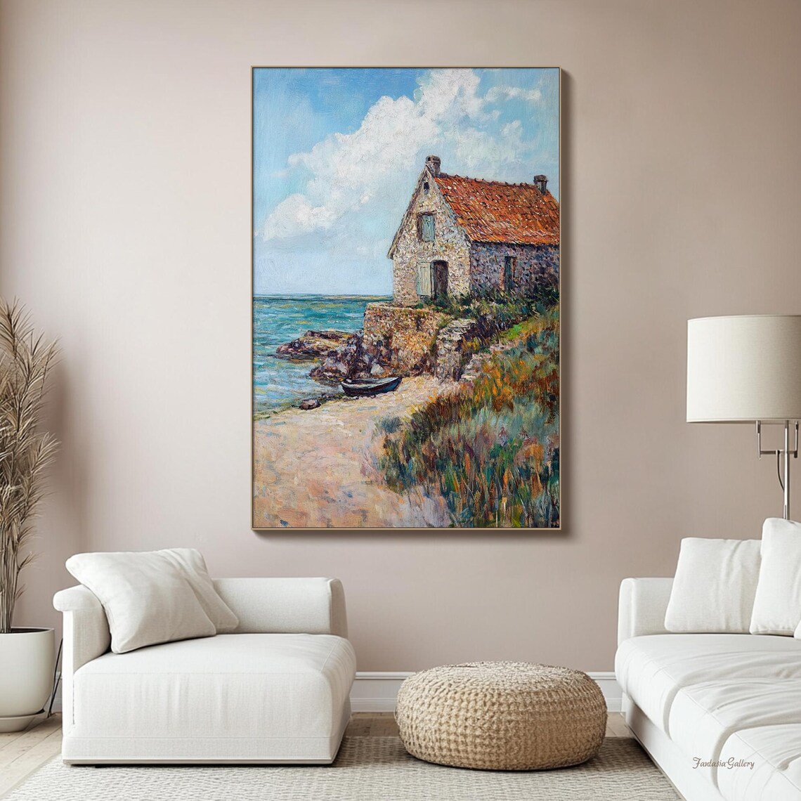 Stone Coastal Cottage With Red Roof And Boat By The Sea Wall Art - Image 4