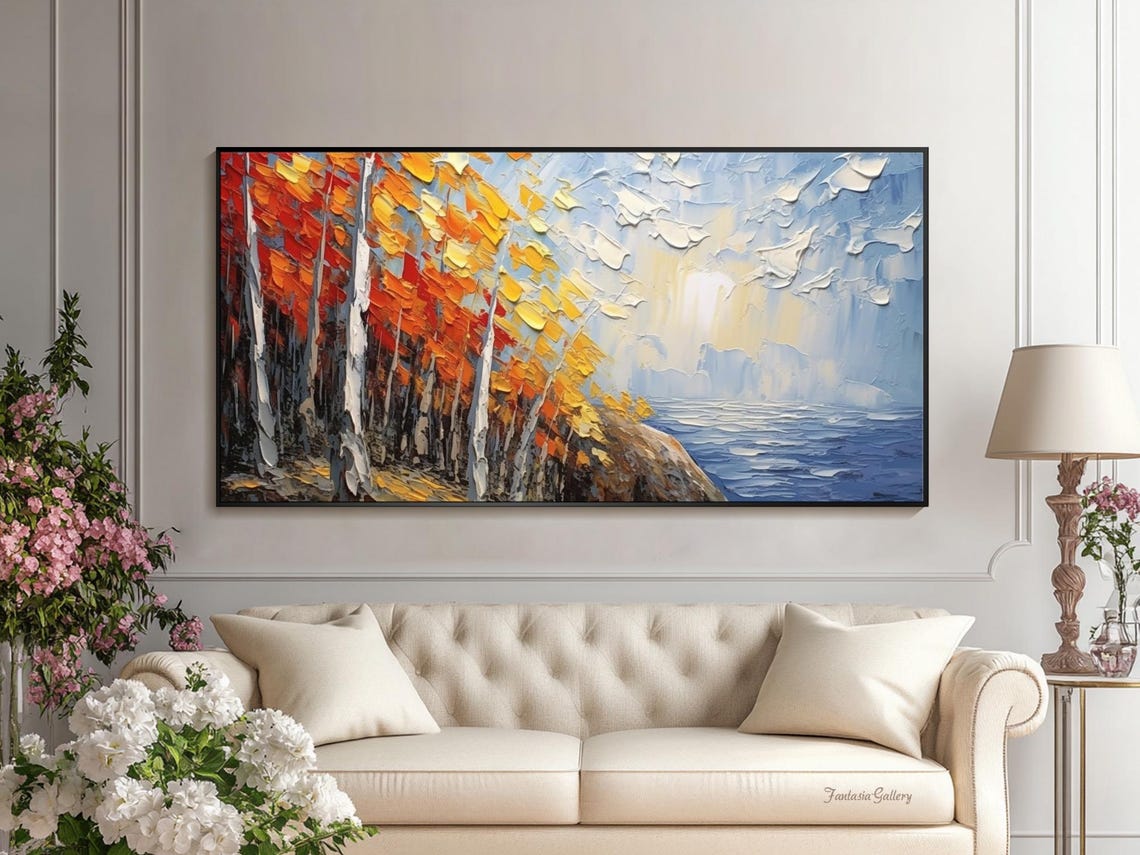 Palette Knife Autumn Birch Forest Meeting Blue Sea Coastal Print - Image 4