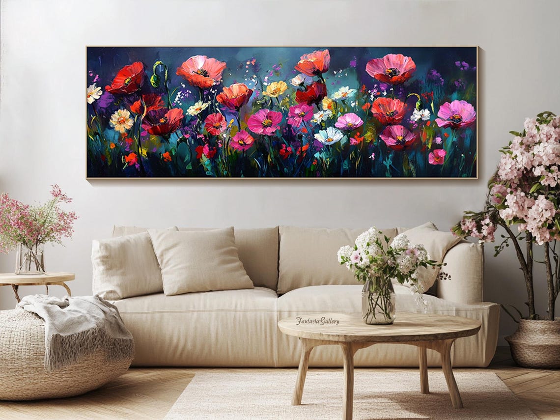 Vivid Poppies And Wildflowers On Midnight Blue Panoramic Wall Art - Image 4