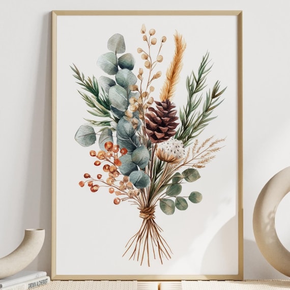 Boho Watercolor Botanical Bouquet Scandinavian Fall Foliage Poster