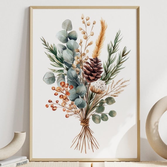 Living Room Boho Art Scandinavian Watercolor Plant Motif Beige Green Eucalyptus Christmas Decoration Autumn Nature Illustration