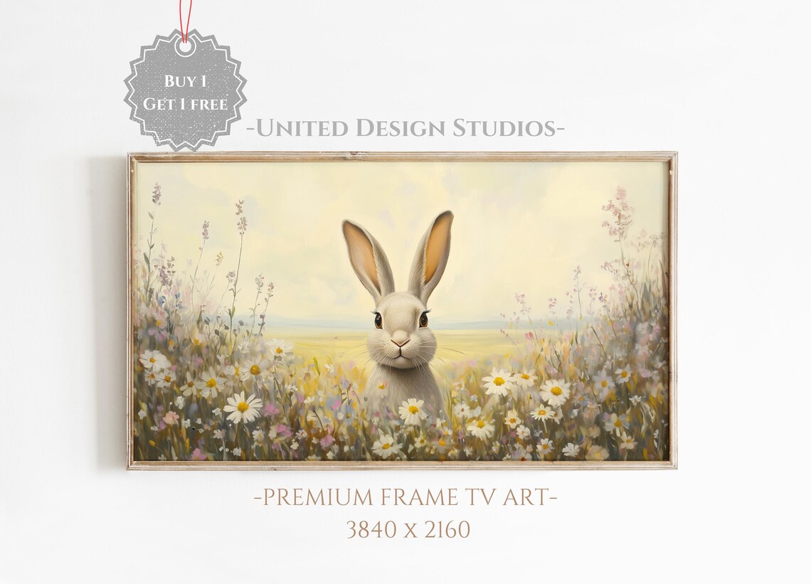 Cute Easter Bunny, Spring Wildflowers Art Print