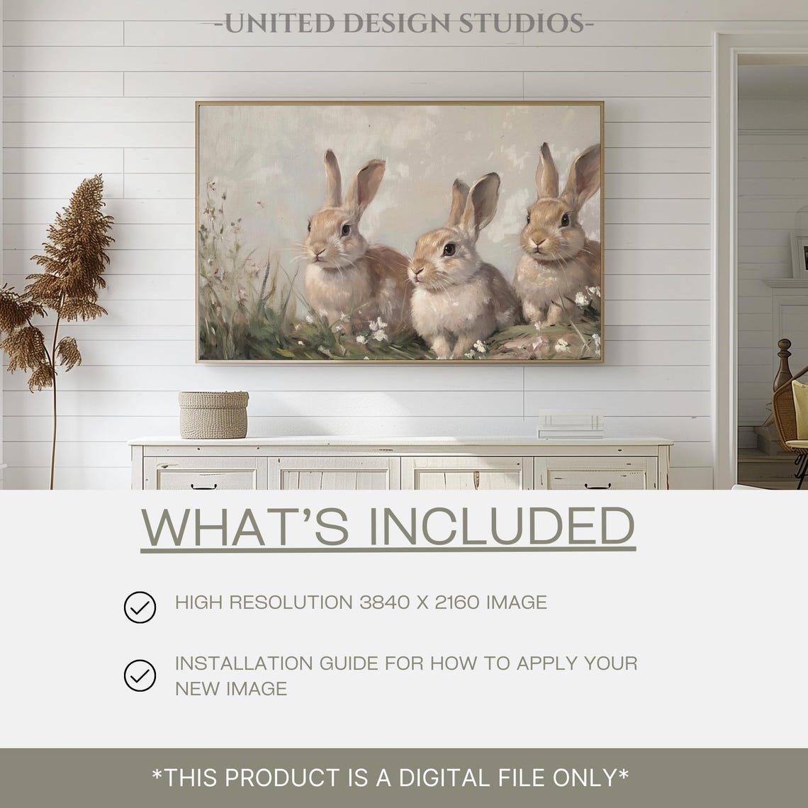 Three Baby Bunnies In Grassy Meadow Neutral Easter Rabbit Wall Art - Image 2