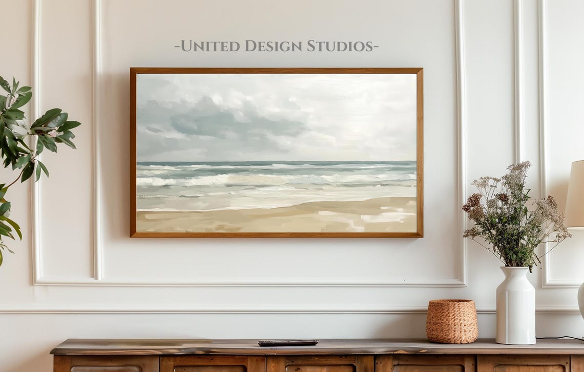Moody Neutral Seascape Beach Painting Ocean Waves Cloudy Sky Poster - Image 4