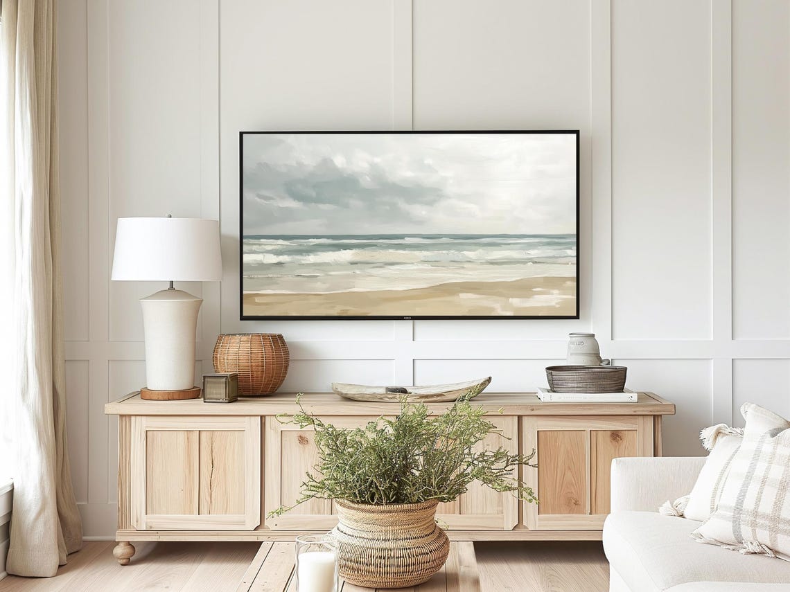 Moody Neutral Seascape Beach Painting Ocean Waves Cloudy Sky Poster - Image 5