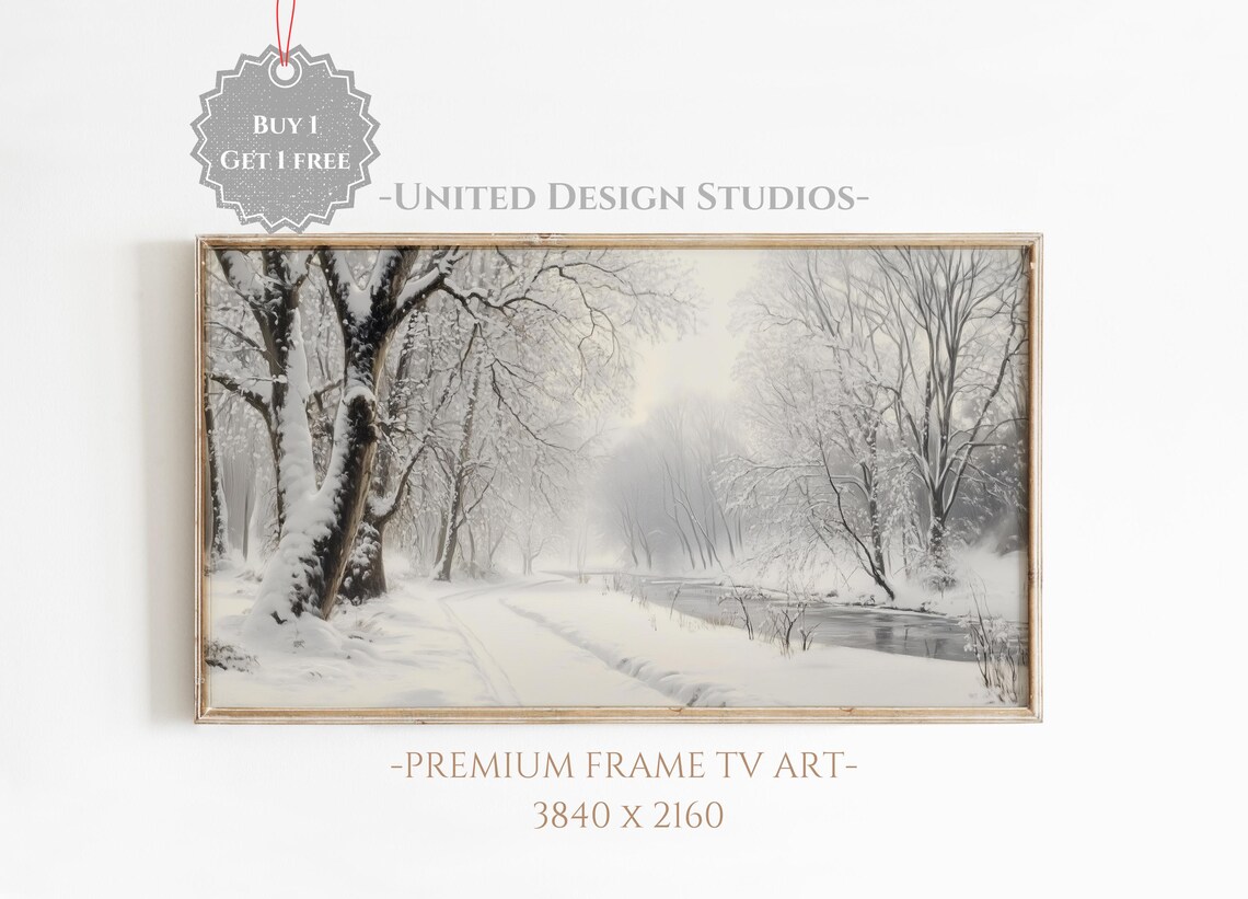 Winter Forest Stream Art Print, Neutral Farmhouse Holiday