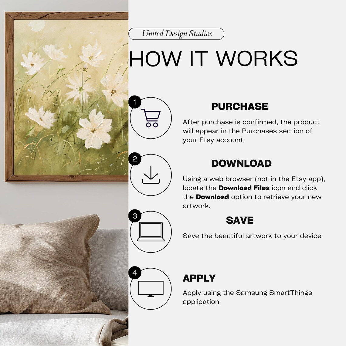 White Cosmos Flowers Soft Yellow Oil Painting Floral Art Poster - Image 3